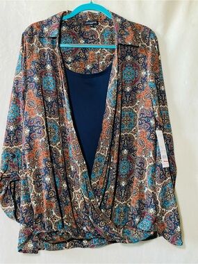 Notations Multicolor Paisley Wrap Blouse with Navy Tank